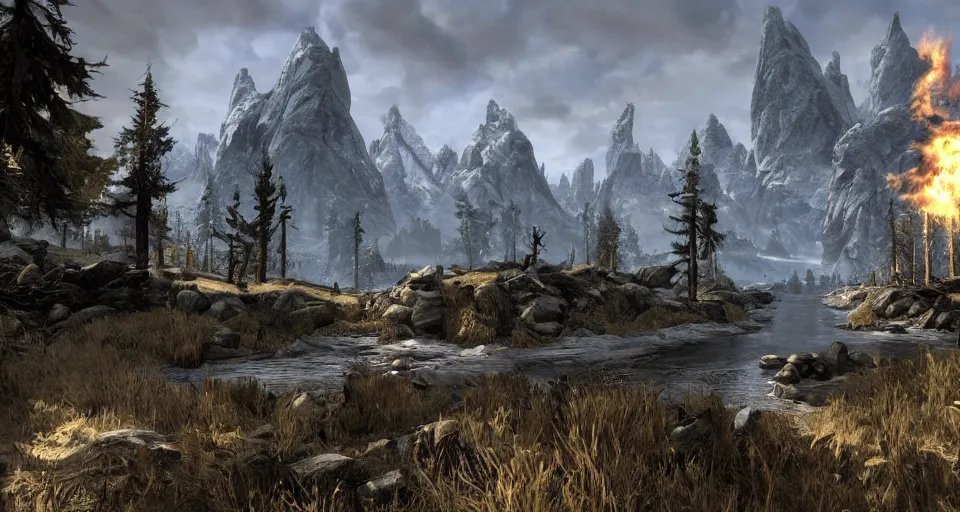 Image similar to skyrim landscape in the style of grand theft auto v cover art digital artwork