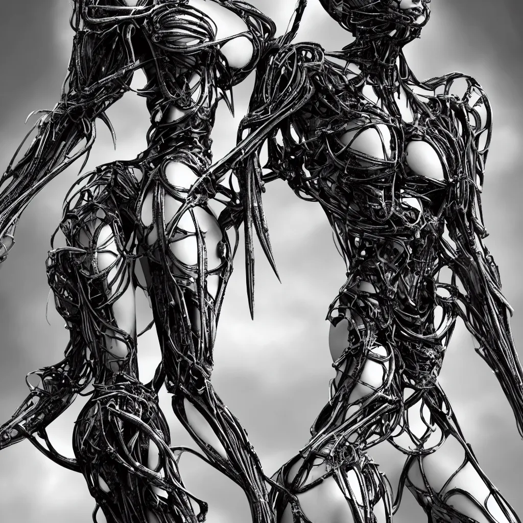 Image similar to a beautiful female is infected with a biomechanical suit, octane render, hyper realistic, art by hr giger and alvin schwartz, black and white, full body, epic angle