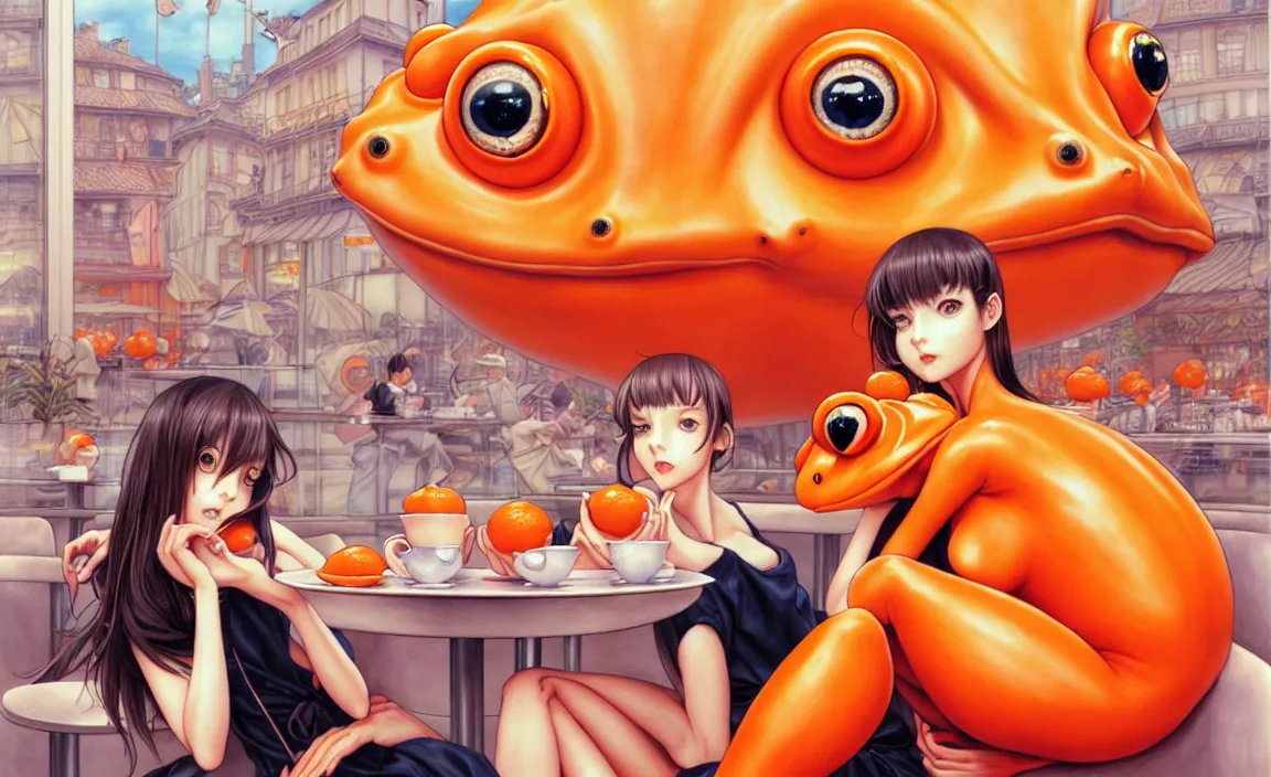 Prompt: a French girl in a café with a giant orange frog. insanely and epically detailed supreme-quality color ink pen artwork, amazingly composed image, illustrated by Range Murata and Artgerm and Stanley Law.