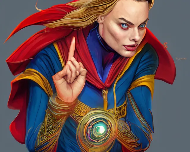 Image similar to margot robbie as doctor strange, colorful spells, fantasy art, in the style of Fernando Juarez, illustration, epic art, fantasy, intricate, elgant, amazing detail, digital painting, artstation, concept art, smooth, sharp focus