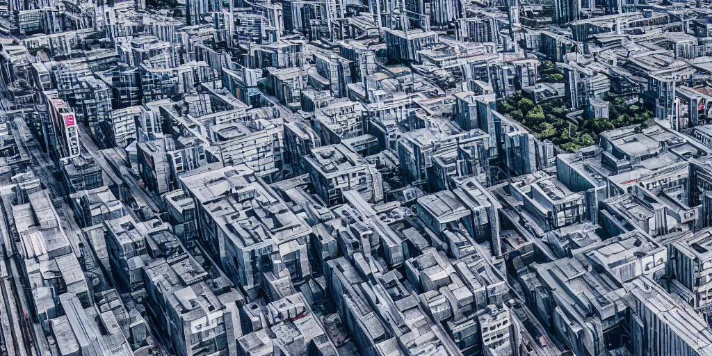Prompt: drone view of a Brutalist architecture city with a large road through,sharp focus,telephoto lens,3D digital art 4k