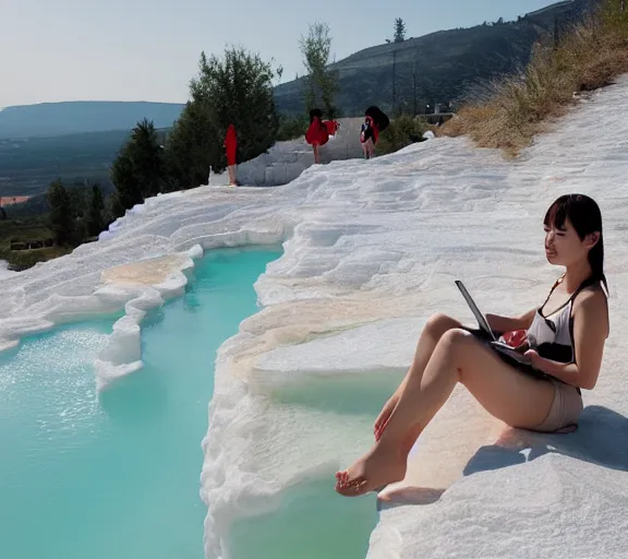 Image similar to Lee Jin-Eun hacking a laptop at Pamukkale, thermal waters flowing down white travertine terraces by Martine Johanna, rule of thirds, seductive look, beautiful