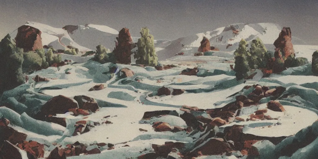 Prompt: illustration of landscape made of ice cream, (petro poster) by Reginald Montague Lander, (By Tom Purvis), By Joseph Binder