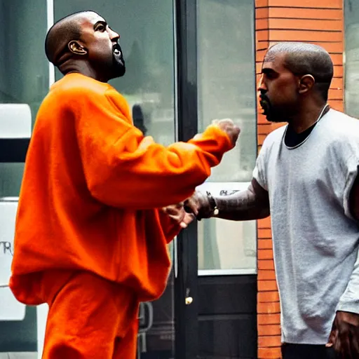 Prompt: kanye west having an argument with goku outside an applebee's, photo, realistic, paparazzi photo, 4 k, photo real