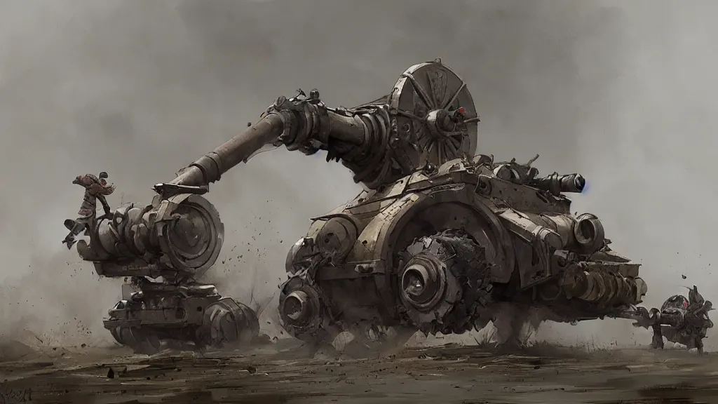 Prompt: realistic looking howitzer cannon, watercolored, jakub rozalski, dark colours, dishonored, artstation