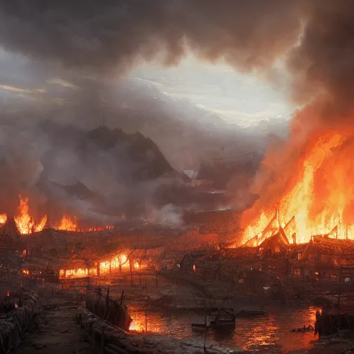 Image similar to a portrait of an village getting burned down by vikings, Matte painting , detailed painting, made by Greg Rutkowski, 4k resolution, atmospheric, extremely high detail