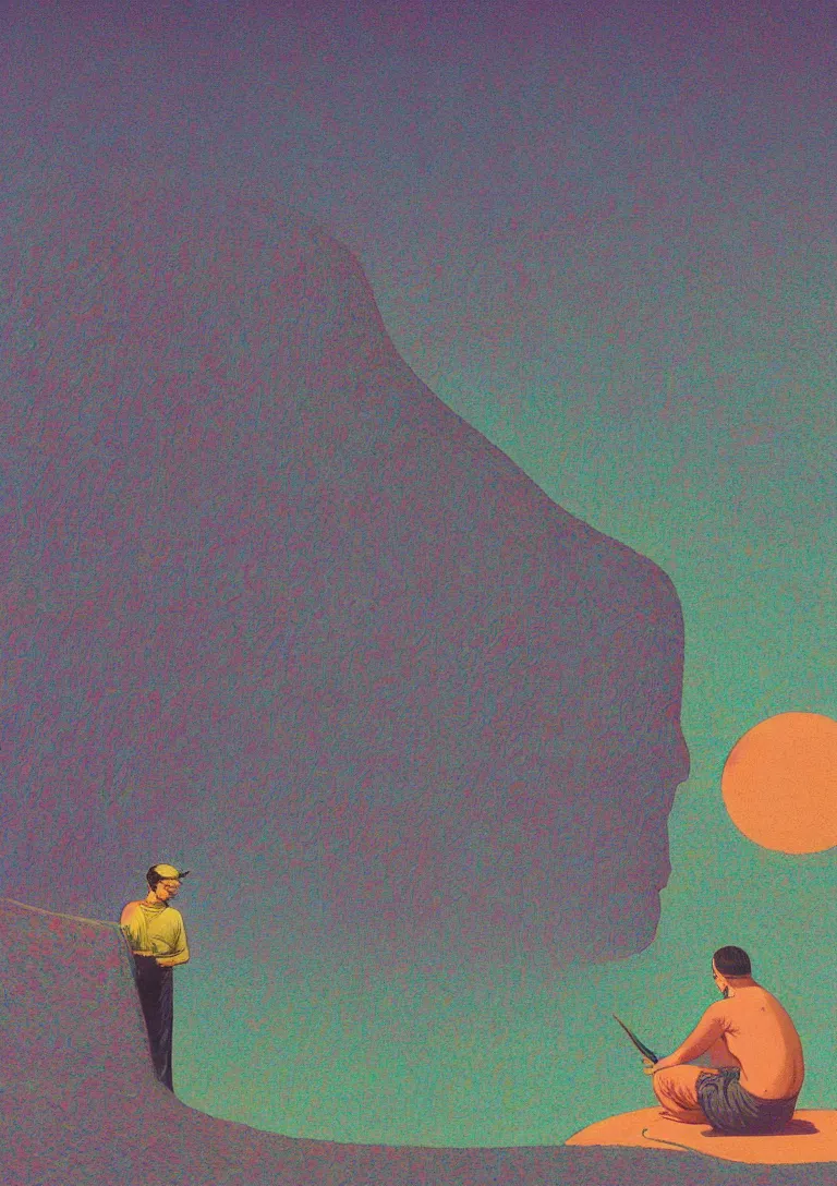 Prompt: a closeup portrait of a man eating a paper blotter tab of LSD acid and melting into a psychedelic landscape, tilt shift, risograph by kawase hasui, moebius, Edward Hopper and James Gilleard, Zdzislaw Beksinski, Steven Outram colorful flat surreal design, hd, 8k, artstation