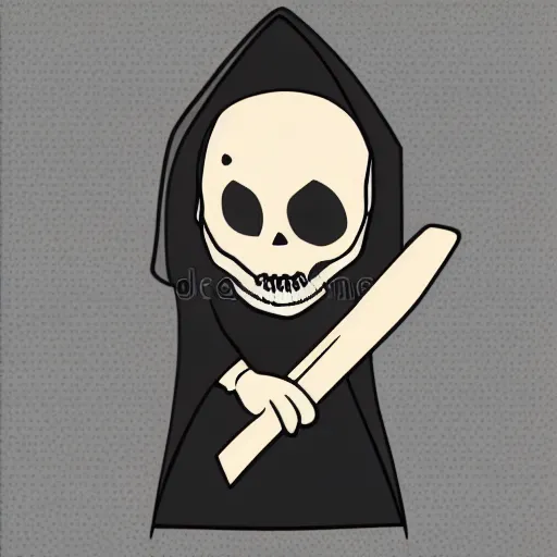 Image similar to cute cartoon drawing of a grim reaper with childish proportions holding a scythe, big head, big eyes, skull head, vector illustration, style of disney animation