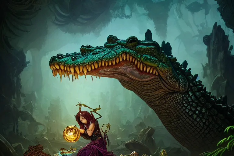 Image similar to crocodile god temple, dark water, gemstones and treasures, deep focus, d & d, fantasy, intricate, elegant, highly detailed, digital painting, artstation, concept art, matte, sharp focus, illustration, hearthstone, art by artgerm and greg rutkowski and alphonse mucha