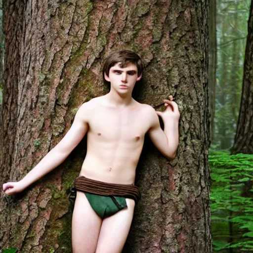 Image similar to a teenage boy, around 1 9 yo. looking sad. natural brown hair. loincloth, pale skin. detailed face. ominous and eerie looking forest i'm background. natural colors.