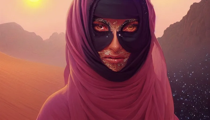 Image similar to Portrait of very very very very very very beautiful Arab woman wearing a Niqab, glowing magical eyes, energy trails, under giant full moon in the desert, intricate, elegant, highly detailed, digital painting, artstation, concept art, smooth, sharp focus, illustration, art by artgerm and greg rutkowski and alphonse mucha