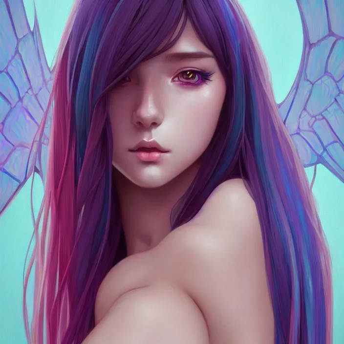 Image similar to half body portrait of beautiful symmetrical anime girl, rainbow hair, attractive, casual, modern, victoria's secret, highly detailed, digital painting, artstation, concept art, smooth, sharp focus, illustration, art by moebius, artgerm, greg rutkowski and alphonse mucha, 8 k,