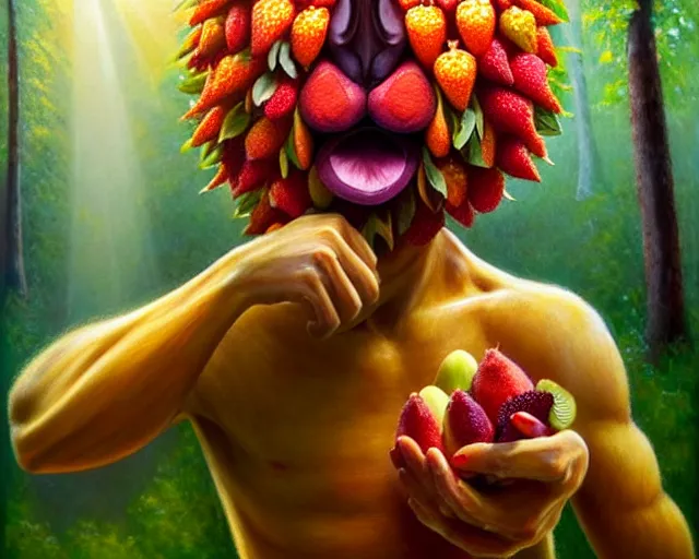 Image similar to a fruit monster made of different fruit, 3 7 1, walking around in forest, detailed mouth, detailed eyes, forest background, trees and flowers, trees in foreground, rays of golden sunlight, oil painting, highly detailed, dramatic lighting, hyperrealistic, smooth, intricate, artstation, cgsociety, by artgerm, by wlop