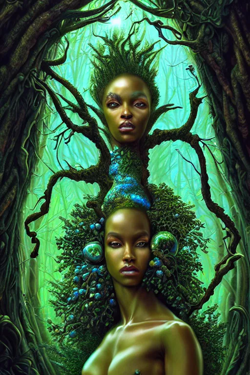 Image similar to hyperrealistic neo - baroque super expressive! black woman with exoskeleton armor, merging with tree in a forest, highly detailed digital art masterpiece smooth cam de leon hannah yata dramatic pearlescent blue green light ground angle hd 8 k sharp focus