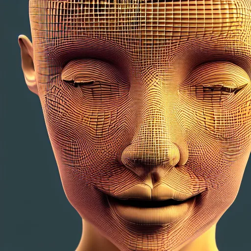 Prompt: abstract digital art of a woman struggling to smile, 3d render, intricate detail, contemporary art