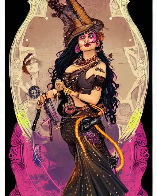 Prompt: a detailed portrait illustration of a steampunk sorceress - acrobat - witch. beautiful indian female face, provocative expression. chubby, fat. art nouveau, pop art, comic book style. influenced by neil gaiman, tim burton, dan mumford, the dark crystal, vadim voitekhovitch, android jones, ross tran.