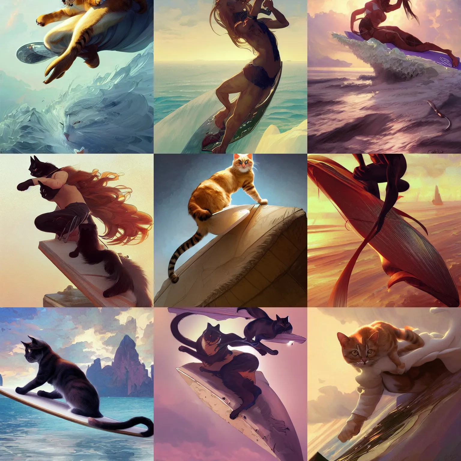 Prompt: cat surfing highly detailed, digital painting, artstation, concept art, matte, sharp focus, illustration, art by artgerm and greg rutkowski and alphonse mucha