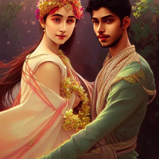 Image similar to portrait of beautiful young bengali romantic couple fantasy, intricate and very very beautiful and elegant, highly detailed, digital painting, artstation, concept art, smooth and sharp focus, illustration, art by tan zi and ayanamikodon and alphonse mucha and wlop