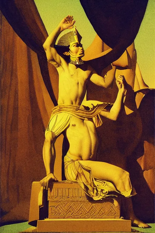 Prompt: a haughty pharaoh on a golden throne, digital painting by maxfield parrish and caravaggio, photorealistic