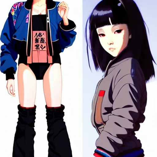 Image similar to a beautiful japanese natalie portman gravure model, wearing oversized native designer bomber jacket and leotard with overalls, bulky poofy bomber jacket with mesoamerican patterns, mesoamerican native street fashion, gapmoe yandere grimdark, trending on pixiv fanbox, painted by greg rutkowski makoto shinkai takashi takeuchi studio ghibli, akihiko yoshida