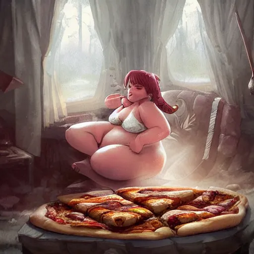 Image similar to a very fat fairy sitting on a messy couch in a messy room, burping because she ate too much pizza, fantasy art, illustration, amazing detail, in the style of greg rutkowski, artgerm, cgsociety