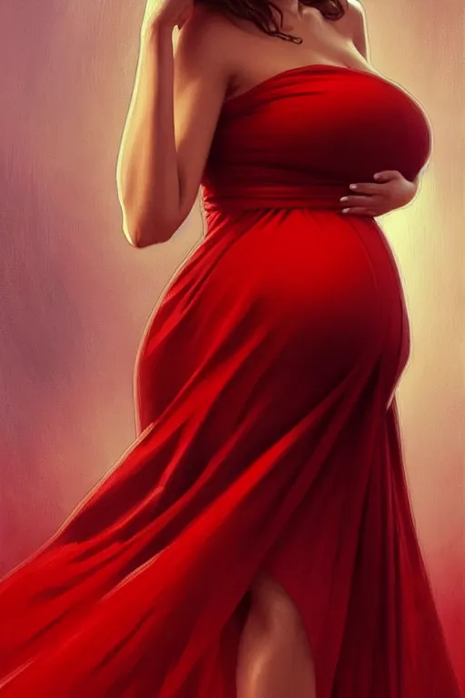 Image similar to pregnant eva mendes in a red dress, realistic portrait, symmetrical, highly detailed, digital painting, artstation, concept art, smooth, sharp focus, illustration, cinematic lighting, art by artgerm and greg rutkowski and alphonse mucha