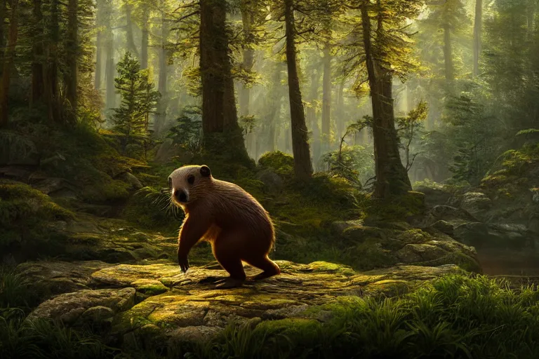 Prompt: a beaver standing in the forest, beautiful dynamic lighting, cinematic, wide angle establishing shot, extremely high detail, photo realistic, cinematic lighting, post processed, concept art, artstation, matte painting, style by frederic church, raphael lacoste, unreal engine 8k