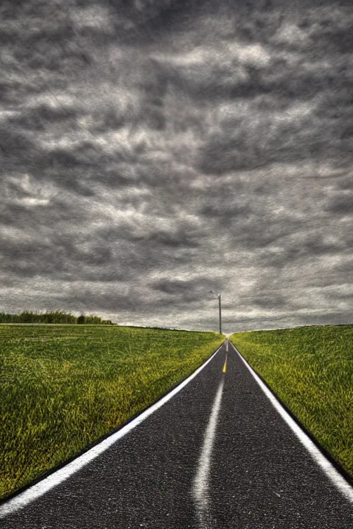 Prompt: walking down a single lane highway in a dream, tonemapped, photorealistic