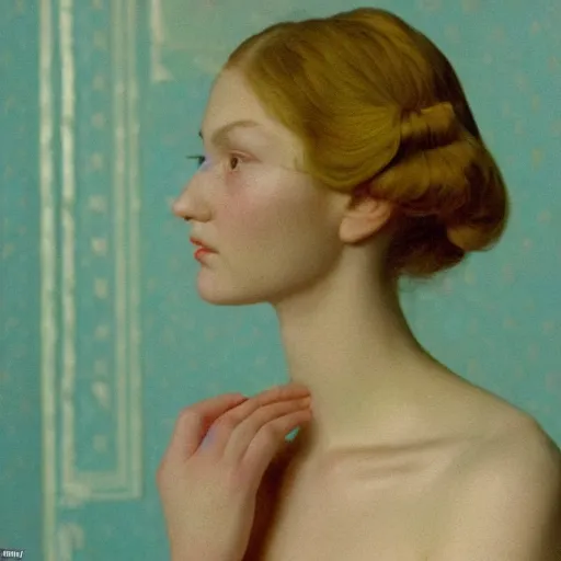 Prompt: close - up of a beautiful flowery girl in an empty room, film still by wes anderson, depicted by balthus, limited color palette, very intricate, art nouveau, highly detailed, lights by hopper, soft pastel colors, minimalist