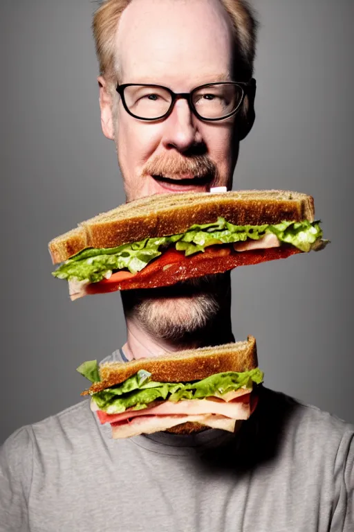 Image similar to 📷 portrait of adam savage the sandwich, sandwich human hybrid, still image, dynamic lighting, 4 k