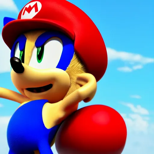 Image similar to photo-realistic sonic the hedgehog wearing a mario hat