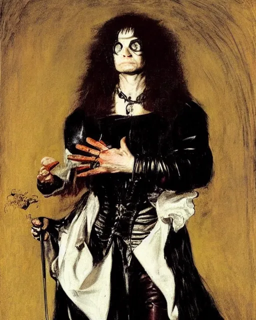 Prompt: Ozzy Osbourne as a royal courtly magician in the 17th century. Baroque portrait in the style of Caravaggio, William Merritt Chase, Goya.