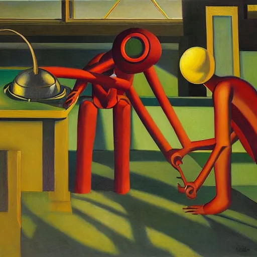 Image similar to prostrate robots, behemoth alien shaman god, grant wood, pj crook, edward hopper, oil on canvas