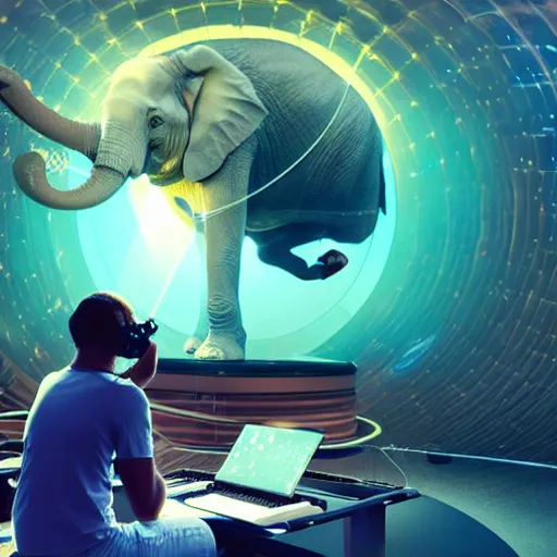 Image similar to a hyperrealistic 3D octane render of an elephant wearing an oculus rift and playing a keyboard inside of a dome planetarium with planets and galaxies, 8k, unreal engine, dramatic lighting, volumetric lighting, uplighting, ray tracing, photorealistic,