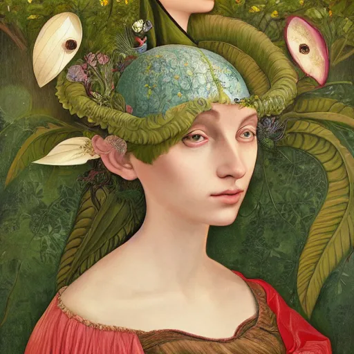 Prompt: a detailed portrait of young woman in renaissance dress and a surreal renaissance headdress, very surreal garden, strange creatures, by christian schloe and botticelli, naotto hattori, amy sol, roger dean, moody colors