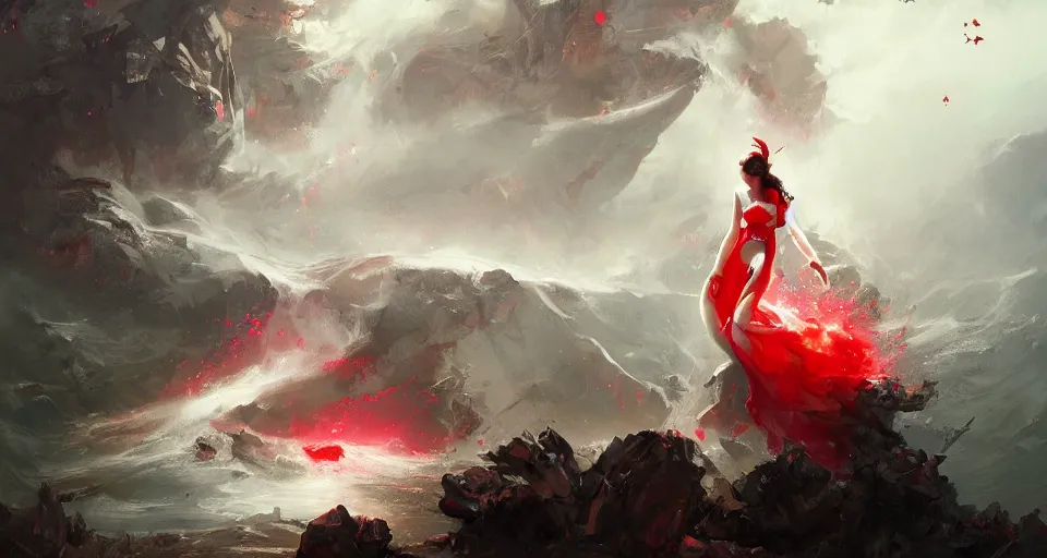 Prompt: a young girl in a white dress falling down a hole with a warping black and red checkerboard pattern by peter mohrbacher, vivid colors, matte painting, 8K, concept art, mystical color scheme, trending on artstation