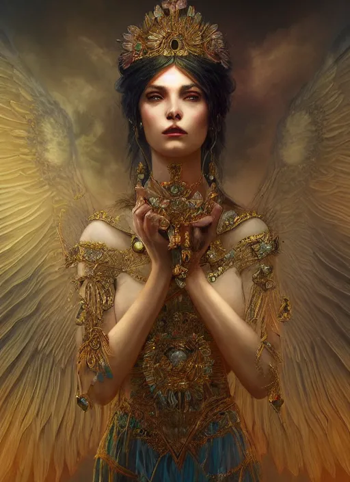 Image similar to A beautiful digital painting of a female Seraphim full of jewels, princess, the moon behind her, intricate, cinematic lighting, highly detailed, digital painting, Artstation, concept art, smooth, sharp focus, illustration, art by Tom Bagshaw, Artgerm and Greg Rutkowski