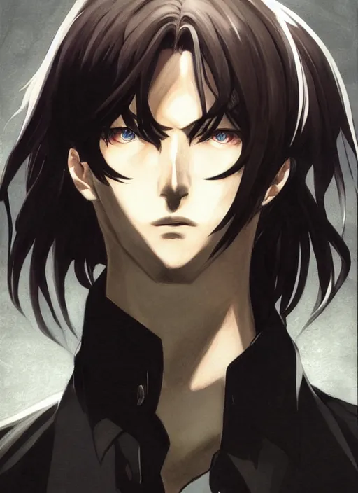 Image similar to portrait illustration by shigenori soejima, handsome male vampire, focus on face, pretty, cinematic lighting, painterly, long black hair, dark blue shirt and light brown trenchcoat