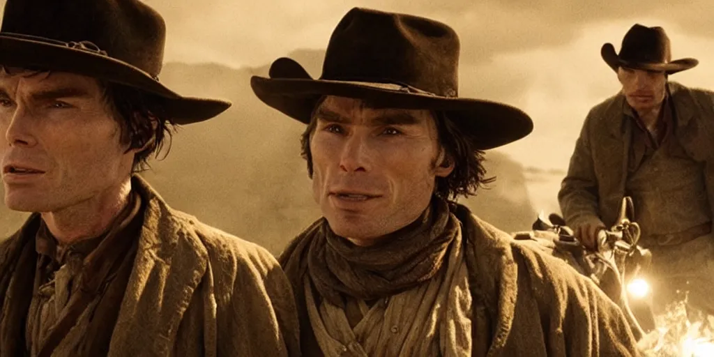 Prompt: rugged bandit cillian murphy in the old west, strangling hank floyd. volumetric lighting, cinematic, dark, grim. directed by coen brothers.