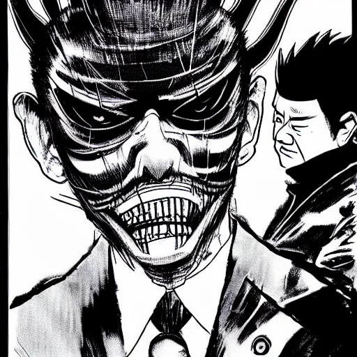 Image similar to Shinzo Abe looking sinister, by Tsutomu Nihei, highly detailed