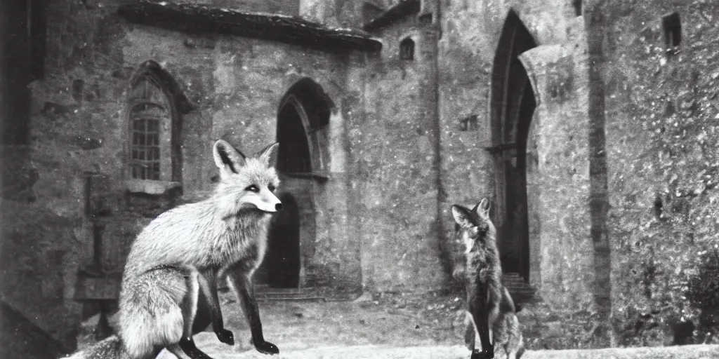 Image similar to anthropomorphic fox who is a medieval knight in front of a castle 1 9 3 0 s film still, ladislas starevich