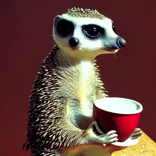 Image similar to meerkat with hedgehog drinking coffee, cinematic, kodachrome