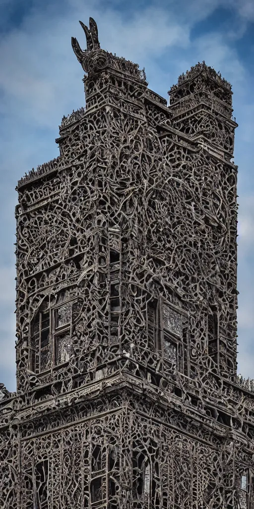 Image similar to a professional photograph of a beautiful modern building by Louis Sullivan and H.R. Giger covered in black ironwork vines, rusticated stone base, rusticated stone base, rusticated stone base, a dramatic sky, crowds of people, a dramatic sky, crowds of people , Sigma 75mm, ornate, very detailed, hyperrealistic, liminalspaces, Symmetrical composition, centered, intricate, panoramic, Dynamic Range, HDR, chromatic aberration, Orton effect, 8k render, photo by Marc Adamus, painting by Jeremy Mann, cinematic, cgsociety, vignette, vignette tilt-shift, bokeh , artstation