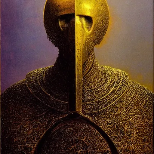 Image similar to portrait of powerful mighty noble knight in golden armour. He has golden hairs. Painting by Beksinski