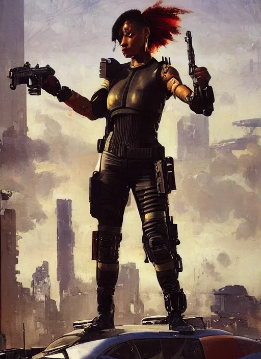 Image similar to Isabel igwe. cyberpunk mercenary wearing a military vest and combat jumpsuit. (Cyberpunk 2077, bladerunner 2049). Iranian orientalist portrait by john william waterhouse and Edwin Longsden Long and Theodore Ralli and Nasreddine Dinet, oil on canvas. Cinematic, vivid color, hyper realism, realistic proportions, dramatic lighting, high detail 4k