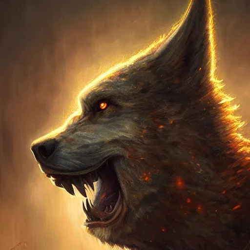 Image similar to majestic gracious terrifying werewolf portrait, atmospheric lighting, painted, menacing, intricate, volumetric lighting, beautiful, rich deep colours masterpiece, golden hour, sharp focus, ultra detailed, by leesha hannigan, ross tran, thierry doizon, kai carpenter, ignacio fernandez rios