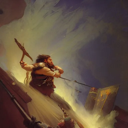 Image similar to art by ivan aivazovsky and syd mead and moebius and gaston bussiere and roger dean and pieter claesz and paul delaroche and alma tadema and aelbert cuyp and willem claesz, a fantasy cinematic close up shot of a dwarf berserker, warhammer, dnd, last stand