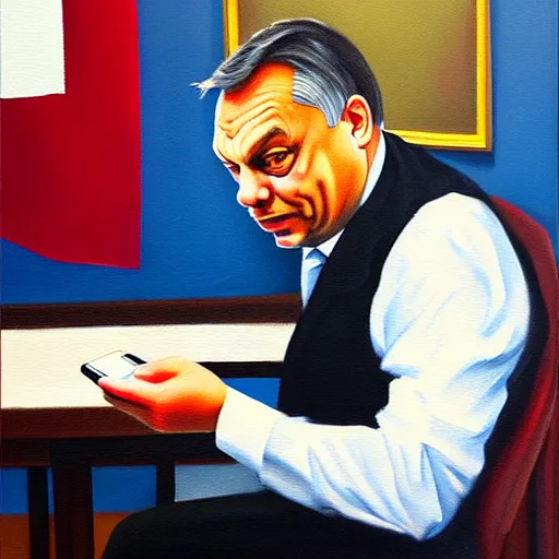 Image similar to viktor orban tiktok on his phone in a cubicle, oil painting