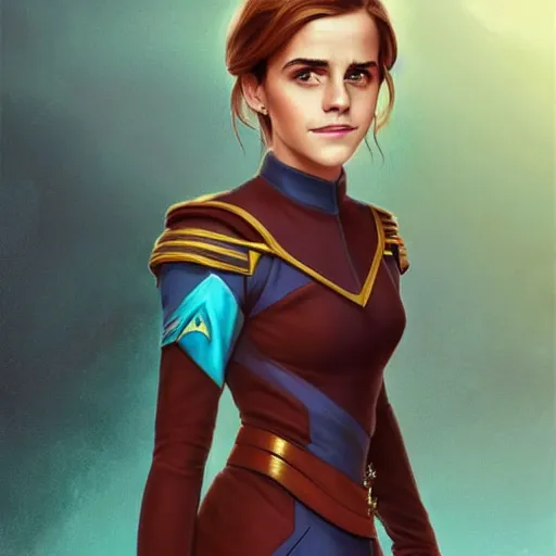 Image similar to portrait of Emma Watson wearing his starfleet captains uniform, looking at camera, D&D, intricate, elegant, stylish, cute smile, mouth slightly open, fantasy, extremely detailed, digital painting, artstation, concept art, smooth, sharp focus, illustration, stunning lighting, art by artgerm and greg rutkowski and alphonse mucha and simon stalenhag, realistic character concept, high fantasy, light atmosphere, golden ratio, cinematic lighting, hyperdetailed, high resolution, insanely detailed and intricate, artstation, Marc Simonetti, Greg Rutkowski