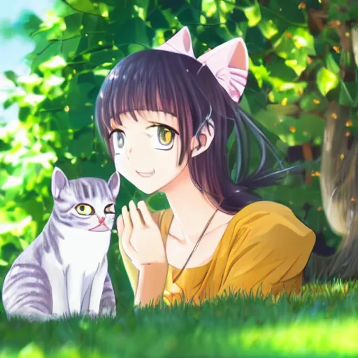 Image similar to anime girl with cat sitting in garden on hot summer, 8k, high quality,